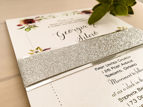 Invitation 2160: Ice Pearl, Silver Glitter - This is a single card wedding invite on ice pearl with a silver glitter and mirror belly band.