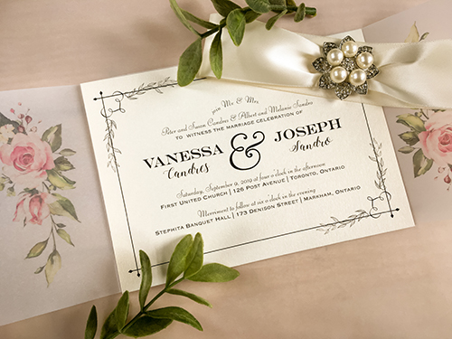 Invitation 2161: White Gold, Antique Ribbon, Brooch/Buckle T - This is a single card wedding invite on white gold pearl.  There is a full vellum wrap with antique ribbon and brooch around the card.