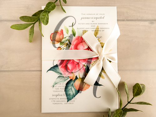 Invitation 2163: White Gold, Antique Ribbon - This is a single card wedding invite on white gold pearl with a bi-fold vellum wrap and antique bow tied.