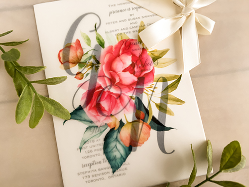 Invitation 2163: White Gold, Antique Ribbon - This is a single card wedding invite on white gold pearl with a bi-fold vellum wrap and antique bow tied.