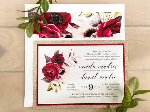 Invitation 2165: Ice Pearl, Red Lacquer - This is a double layered single card wedding invite using the ice pearl, red lacquer and champagne glitter papers.  There is a floral printed liner.