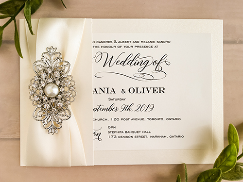 Invitation 2170: White Gold, Antique Ribbon, Antique Ribbon, Brooch/Buckle A6, Metal Filigree F4 - Silver - This is fold over wedding invite in white gold with 2 antique ribbons and combo brooch on the left side.