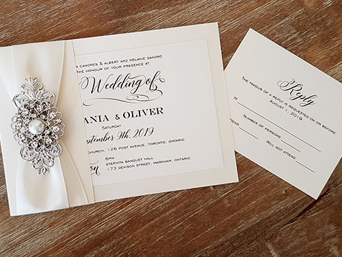 Invitation 2170: White Gold, Antique Ribbon, Antique Ribbon, Brooch/Buckle A6, Metal Filigree F4 - Silver - This is fold over wedding invite in white gold with 2 antique ribbons and combo brooch on the left side.