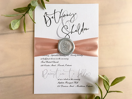 Invitation 2201: Ice Pearl, Silver Wax, Deep Blush Ribbon - This is a single card invitation that is 5 x 7 inches.  It has a deep blush ribbon wrapped around the card and finished with a silver wax seal.