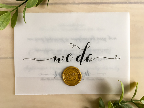 Invitation 2205: This invitation opens up and down into a three fold invitation.  The wax seal closes the invitation.  It is printed on our vellum paper also known as rice paper.