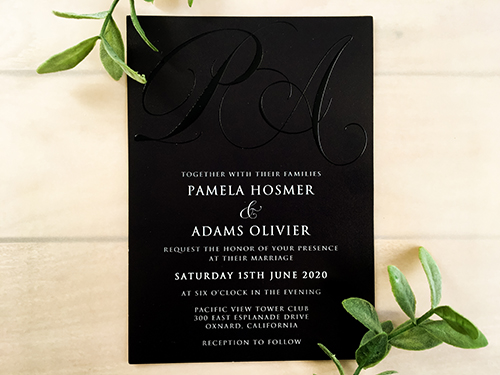 Invitation 2208:  - This is a speciality print invitation using a method called UV.  It is similar to thermograph print which is where the words pop out of the page.