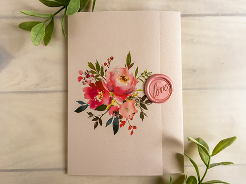 Invitation 2213: This is a blush pearl invitation that opens into a trifold pocket.  Florals are printed on the cover as well as inside and a blush wax seal is attached to close the invite.