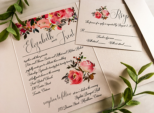 Invitation 2213: This is a blush pearl invitation that opens into a trifold pocket.  Florals are printed on the cover as well as inside and a blush wax seal is attached to close the invite.