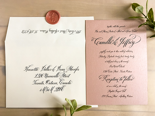 Invitation 2214: Rose Gold Pearl, Blush Wax - This calligraphy invitation is a classic style that is a single card with a wax seal to close the mailing envelope.