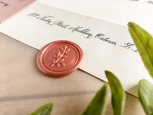 Invitation 2214: Rose Gold Pearl, Blush Wax - This calligraphy invitation is a classic style that is a single card with a wax seal to close the mailing envelope.