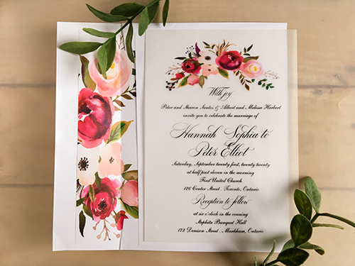 Invitation 2215: This is an invitation that uses vellum paper and highlights the floral envelope liner.  We print the same floral on the top of this invitation to match the envelope liner.