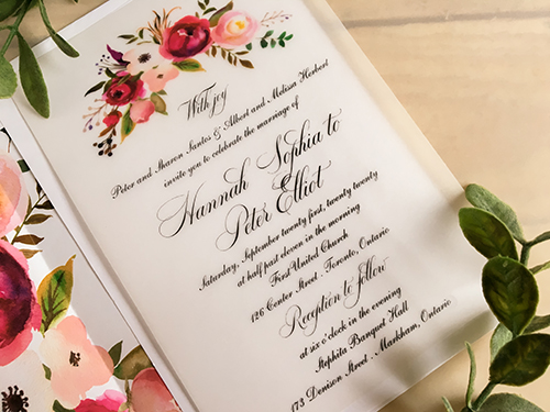Invitation 2215: This is an invitation that uses vellum paper and highlights the floral envelope liner.  We print the same floral on the top of this invitation to match the envelope liner.