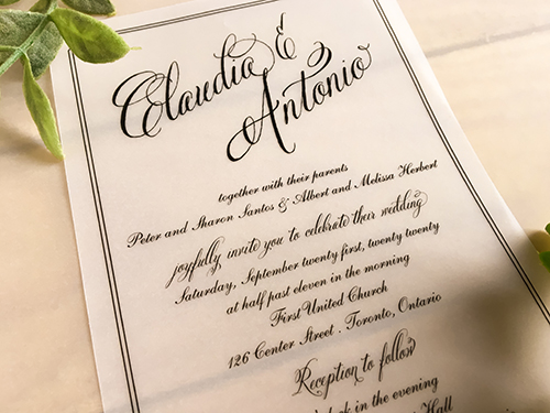 Invitation 2216:  - This is a 5x7 single card invitation printed on our vellum paper.  We use black ink to make the lettering stand out.