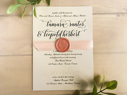 Invitation 2217: Iridescent Pearl, Blush Wax, Blush Ribbon - This single card invitation is embellished with a 5/8 petal pink ribbon that crosses over and finished with a wax seal in the middle.