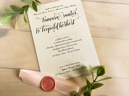 Invitation 2217: Iridescent Pearl, Blush Wax, Blush Ribbon - This single card invitation is embellished with a 5/8 petal pink ribbon that crosses over and finished with a wax seal in the middle.