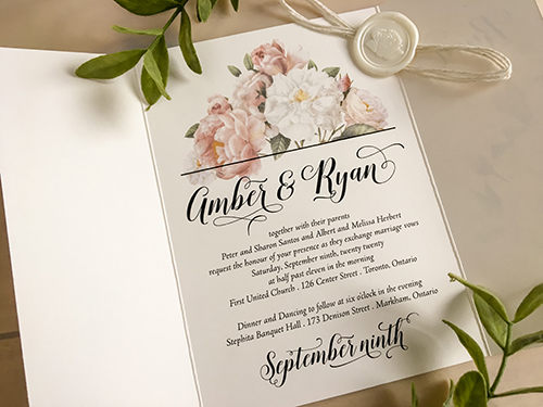 Invitation 2218: This gate fold wedding invitation is a very popular style this year. Florals are printed on the cover and a white string is wrapped around the card and finished with an ivory wax seal.