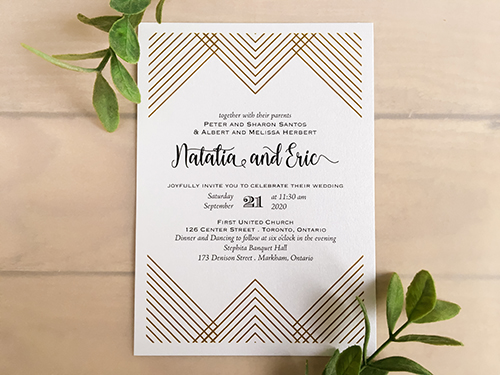 Invitation 2228: Ice Pearl - A simple Art Deco themed wedding invitation printed on our ice pearl paper and using gold geometric lines to create the Art Deco feel.