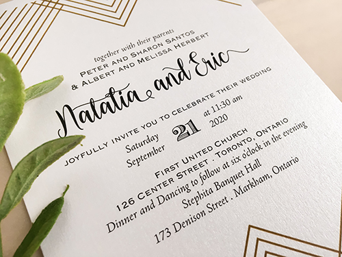 Invitation 2228: Ice Pearl - A simple Art Deco themed wedding invitation printed on our ice pearl paper and using gold geometric lines to create the Art Deco feel.