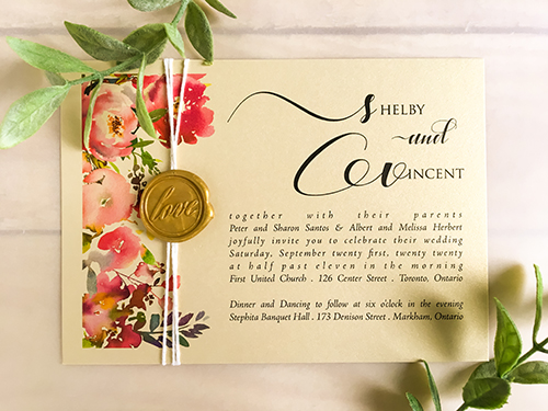 Invitation 2230: Champagne Gold, Gold Wax - A floral design printed on our single layer flat card.  An additional detail of string and wax seal completes this invitation.