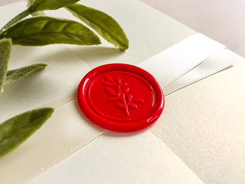 Invitation 2233: White Gold, Red Wax, Antique Ribbon - This is a white gold pearl gate fold invite.  There is a antique criss cross ribbon with a red wax seal.
