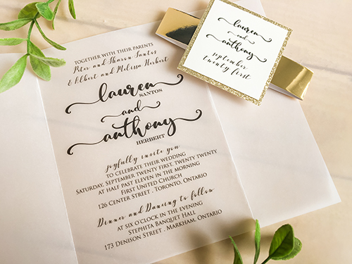 Invitation 2236: Champagne Glitter, Cream Smooth - This is a vellum gate wedding invite design.  There is a thin gold mirror belly band with a champagne glitter layered cover tag.