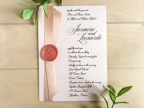 Invitation 2237: Light Pink Pearl, Blush Wax, Deep Blush Ribbon - This is a portrait orientated wedding invite.  There is a deep blush ribbon running vertically with a blush wax seal.