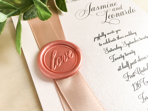 Invitation 2237: Light Pink Pearl, Blush Wax, Deep Blush Ribbon - This is a portrait orientated wedding invite.  There is a deep blush ribbon running vertically with a blush wax seal.