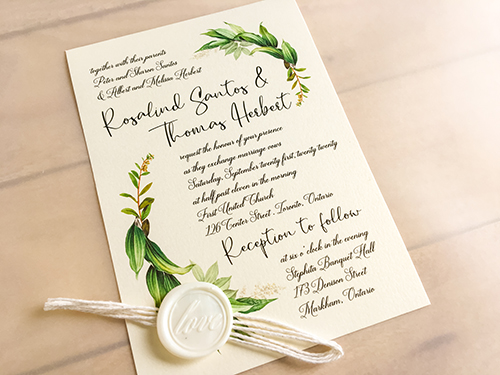 Invitation 2240: White Gold, Ivory Wax - This is a single card wedding design with a string wrapped around and an ivory love wax seal glued to the string.