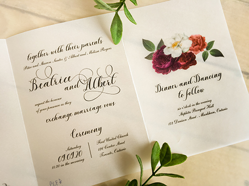 Invitation 2241:  - This is a vellum trifold wedding invite with a nice red floral design printed on the panels.