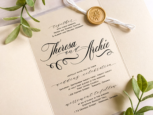 Invitation 2245: Champagne Gold, Gold Wax - This is a gate fold wedding invite in the champagne gold paper.  There is a string tied around the card with a gold branch wax seal.