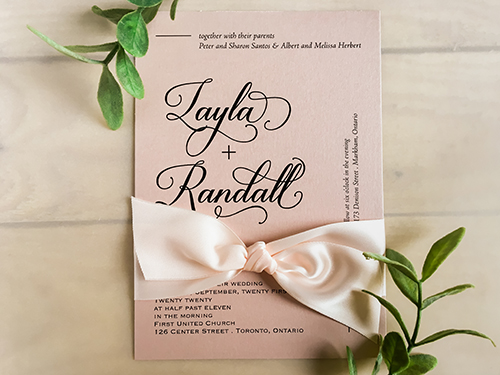 Invitation 2247: Rose Gold Pearl, Petal Pink Ribbon - This is a single card wedding invitation with a large 1.5 inch petal pink knot bow.