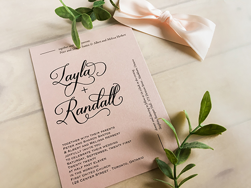 Invitation 2247: Rose Gold Pearl, Petal Pink Ribbon - This is a single card wedding invitation with a large 1.5 inch petal pink knot bow.