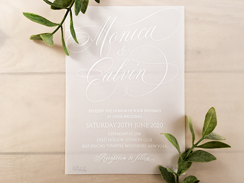 Invitation 2250:  - This is a single card wedding invite printed on a vellum paper with a specialty UV printing method.  It is raised printing.