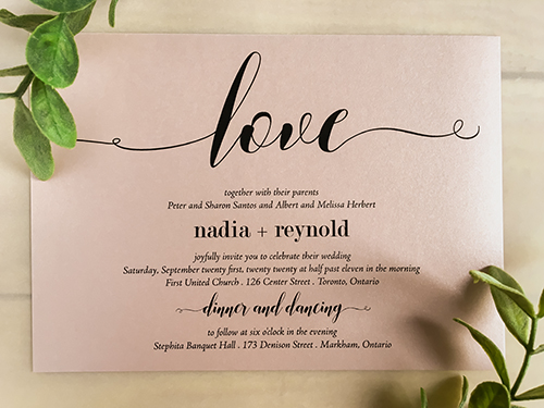 Invitation 2255: Rose Gold Pearl - Single card landscape design wedding invitation printed on blush pearl paper.