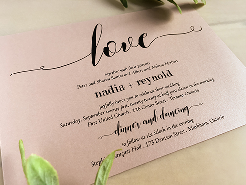 Invitation 2255: Rose Gold Pearl - Single card landscape design wedding invitation printed on blush pearl paper.