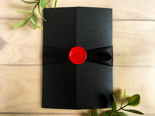 Invitation 2256: Black Pearl, Red Wax, Black Ribbon - This is a gate fold invitation in black pearl paper with a black ribbon and red wax seal.