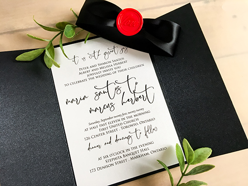 Invitation 2256: Black Pearl, Red Wax, Black Ribbon - This is a gate fold invitation in black pearl paper with a black ribbon and red wax seal.