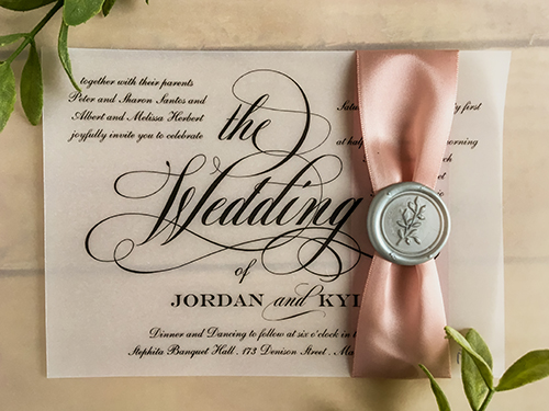 Invitation 2257: Silver Wax, Dusty Rose Ribbon - This is a vellum invitation with a deep blush ribbon and a silver wax seal.