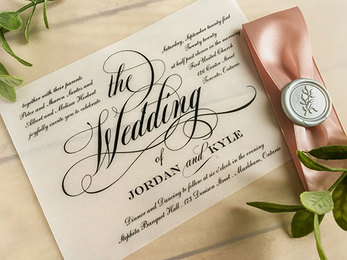 Invitation 2257: Silver Wax, Dusty Rose Ribbon - This is a vellum invitation with a deep blush ribbon and a silver wax seal.