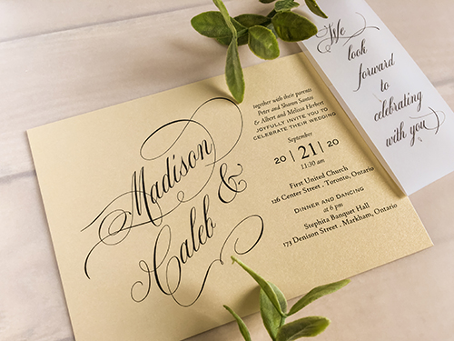 Invitation 2260: Champagne Gold - This invitation is a 5x7 card in a landscape orientation with a vellum belly band and printed on champagne pearl paper.