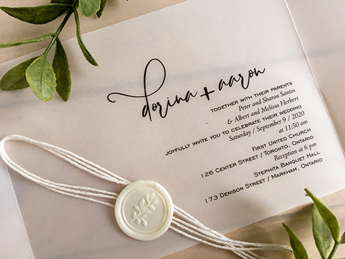 Invitation 2261: Vellum, Ivory Wax - This is a gate fold landscape design printed on vellum paper.  There is a white string wrapped around with an ivory branch wax seal.
