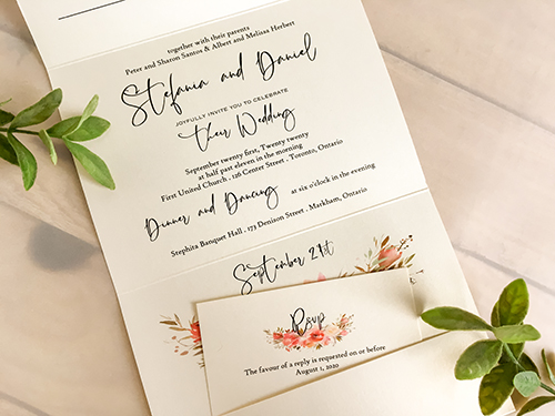 Invitation 2267: White Gold - This is a white gold poocket folder wedding invite.  There are floral design prints on the cover and inside.