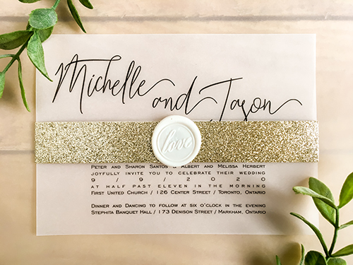 Invitation 2269: Ivory Wax - This is a landscape orientation vellum single card.  There is a thin champagne glitter belly band and ivory love wax seal.