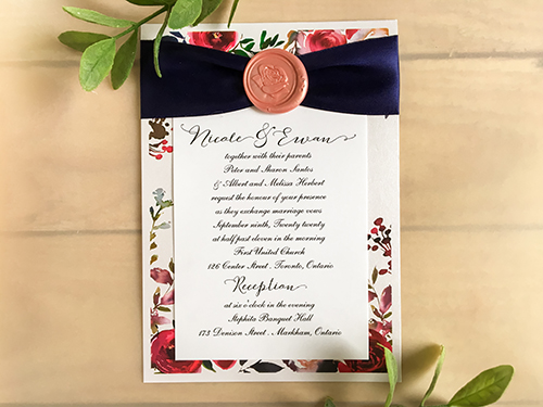 Invitation 2272: Ice Pearl, Blush Wax, Navy Ribbon - This is a single card printed on the ice pearl paper with a navy ribbon band.  There is a blush rose wax seal.