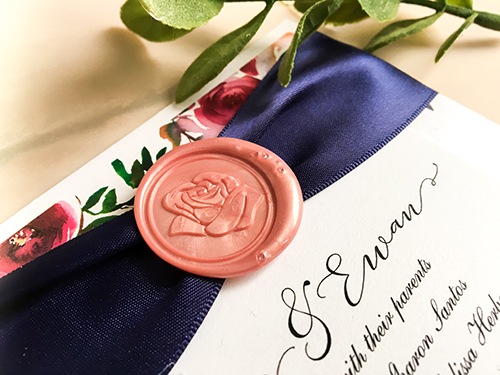 Invitation 2272: Ice Pearl, Blush Wax, Navy Ribbon - This is a single card printed on the ice pearl paper with a navy ribbon band.  There is a blush rose wax seal.