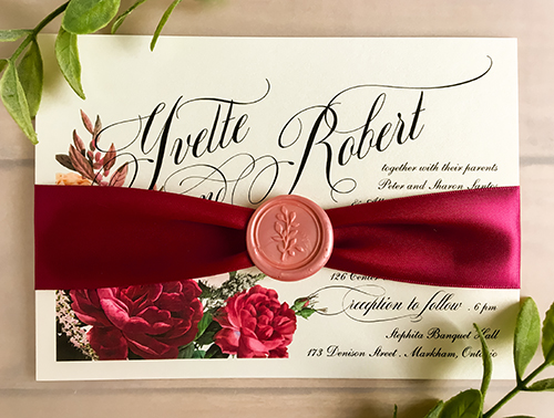 Invitation 2273: White Gold, Blush Wax, Wine Ribbon - This is a single card in landscape format in white gold.  There is a 1.5 inch wine ribbon wrapped around with a blush branch wax seal.