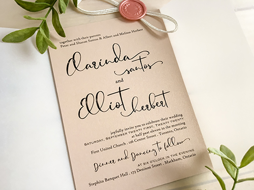 Invitation 2274: Blush Pearl, Blush Wax - This is a single card printed on blush pearl paper with a blank vellum wrap.  White string wrapped around the invite with a blush wreath wax seal.