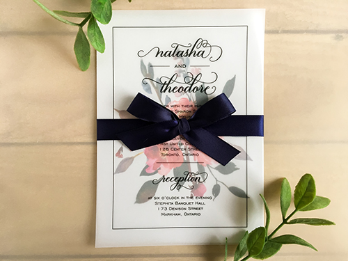 Invitation 2275: Ice Pearl, Navy Ribbon - This is a single card invite on ice pearl with a vellum overlay.  There is a 5/8 navy ribbon bow wrapped around.