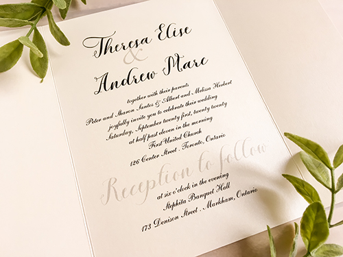 Invitation 2277: Ivory Pearl, Blush Wax - This is a solid ivory pearl gate fold invitation.  There is a blush wax seal with a branch design.  The main layout is printed in black ink.