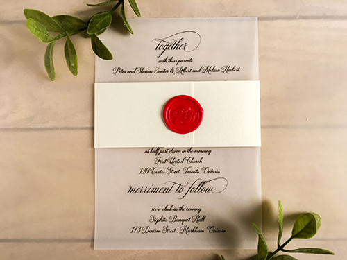 Invitation 2279: Red Wax - This is a single card vellum print invitation with a white gold belly band and red wax seal embellishment.